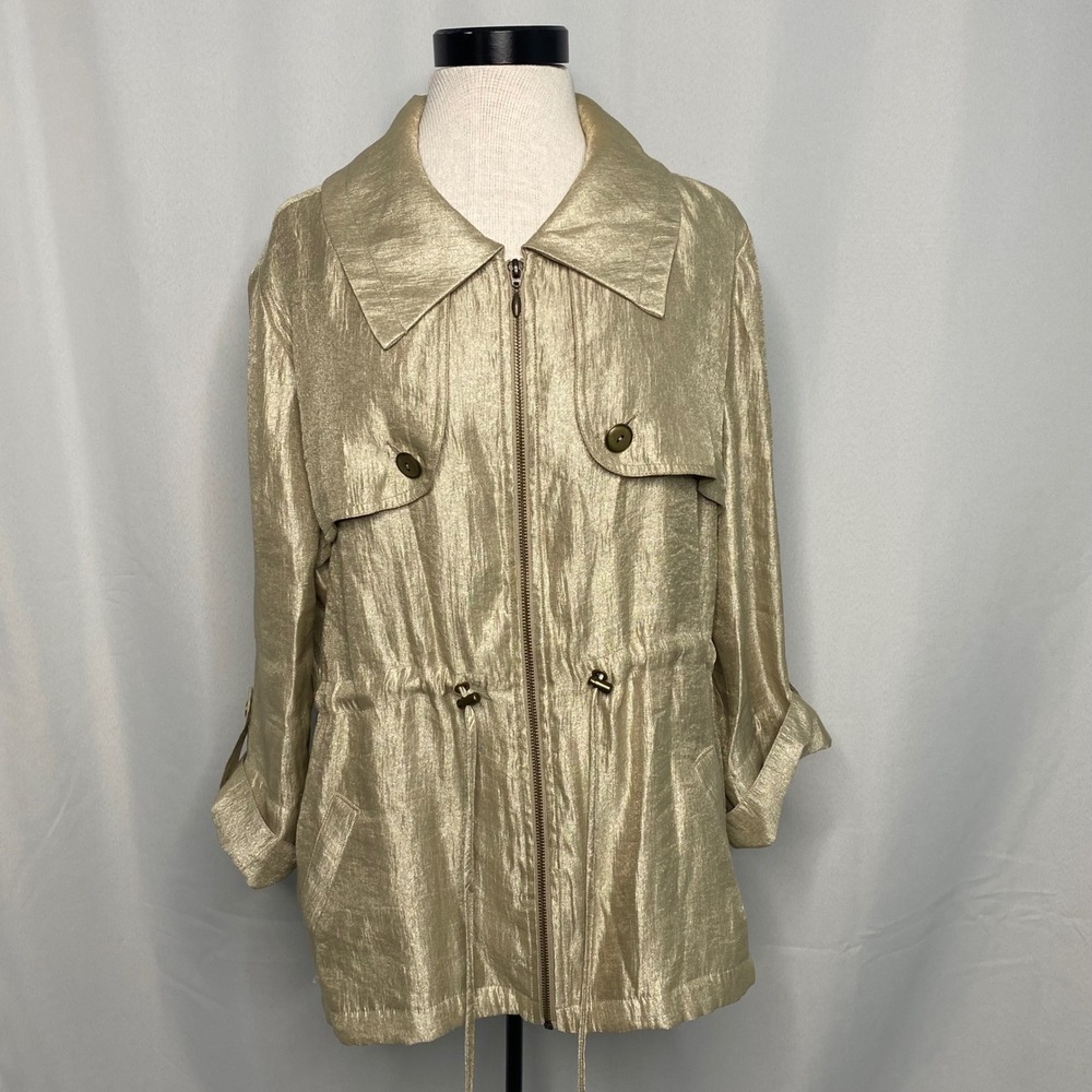 Hearts of Palm Womens Gold Metallic Utility Jacket Zip Up Drawstring Waist XL